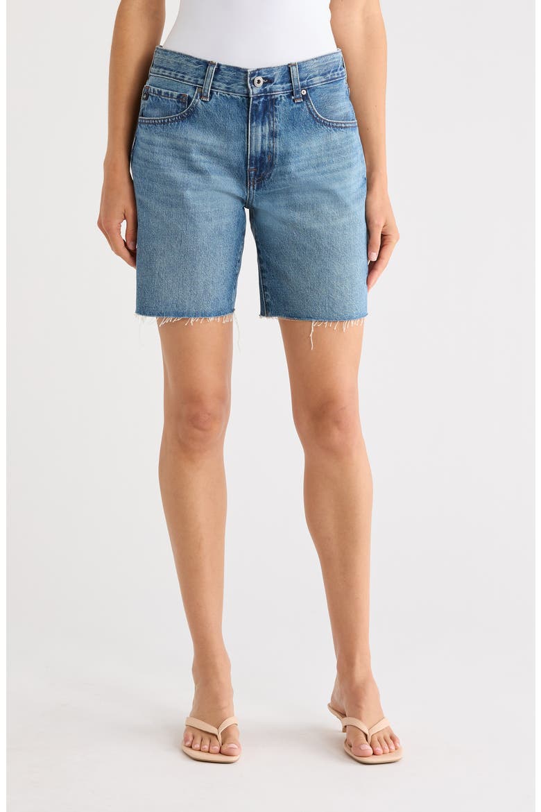Ex-Boyfriend Distressed Raw Hem Mid Length Denim Shorts, Main, color, NOUVEAU