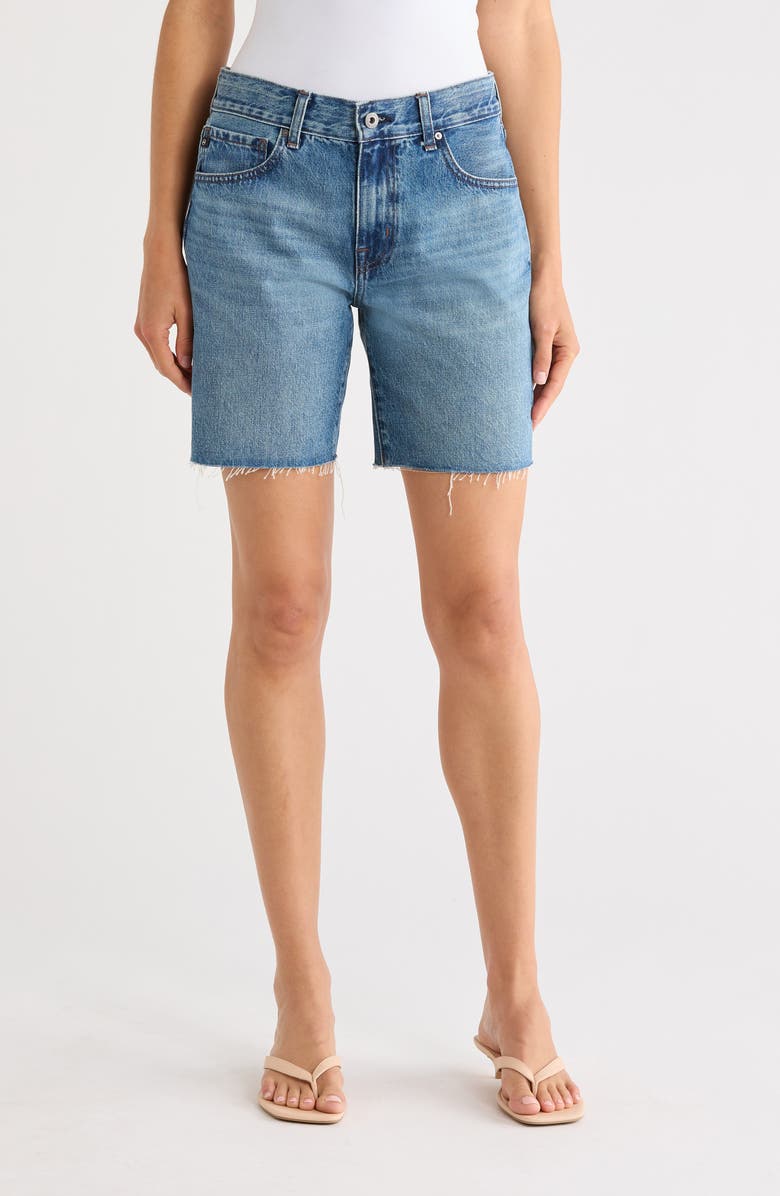 AG Ex-Boyfriend Distressed Raw Hem Mid Length Denim Shorts, Main, color, Nouveau