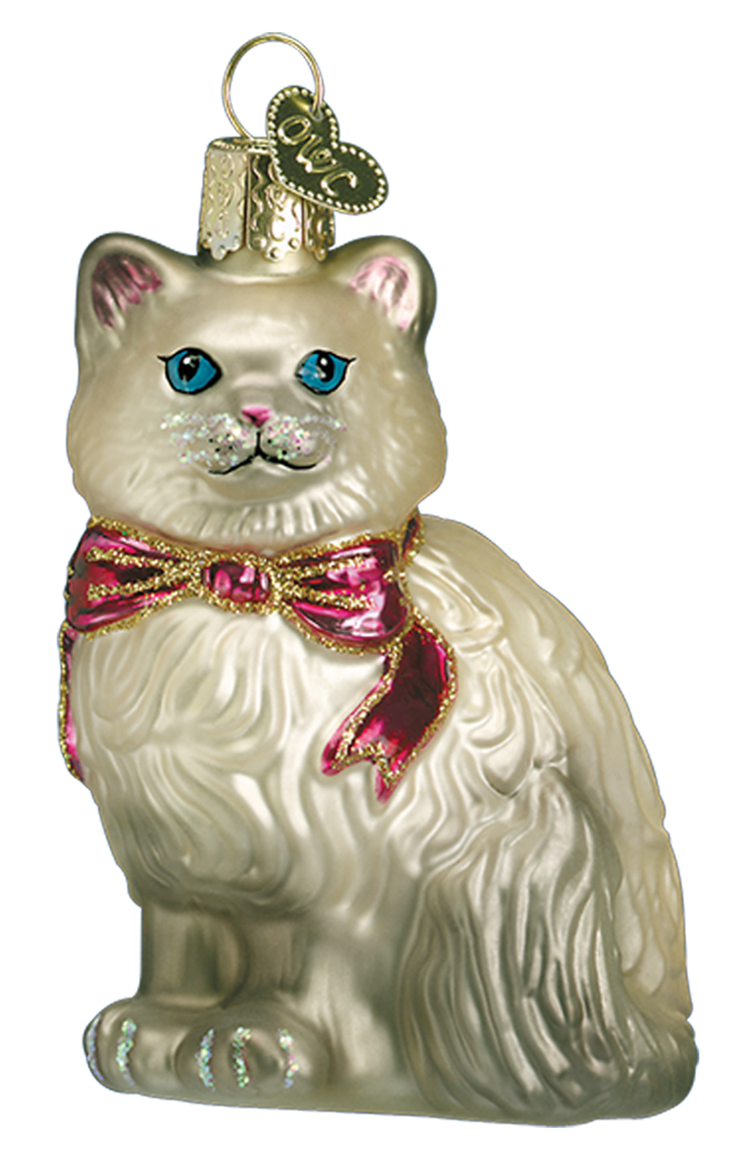 Old World Christmas Himalayan Kitty Ornament in White/Grey/Red 