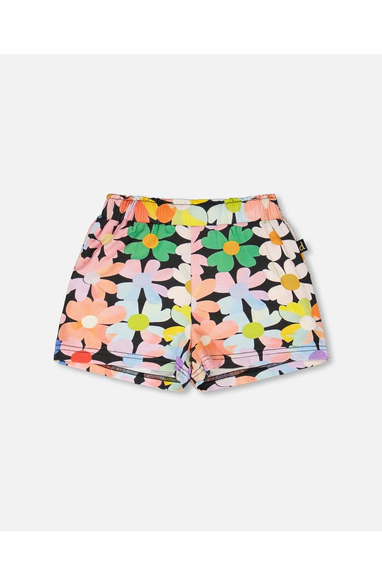 Deux par Deux Jersey Flat Elastic Waist Flowers Shorts, Main, color, Black Floral Print
