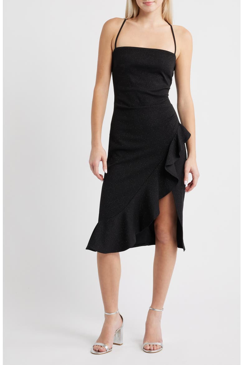 Glitter Ruffle Sleeveless Dress, Main, color, BLACK