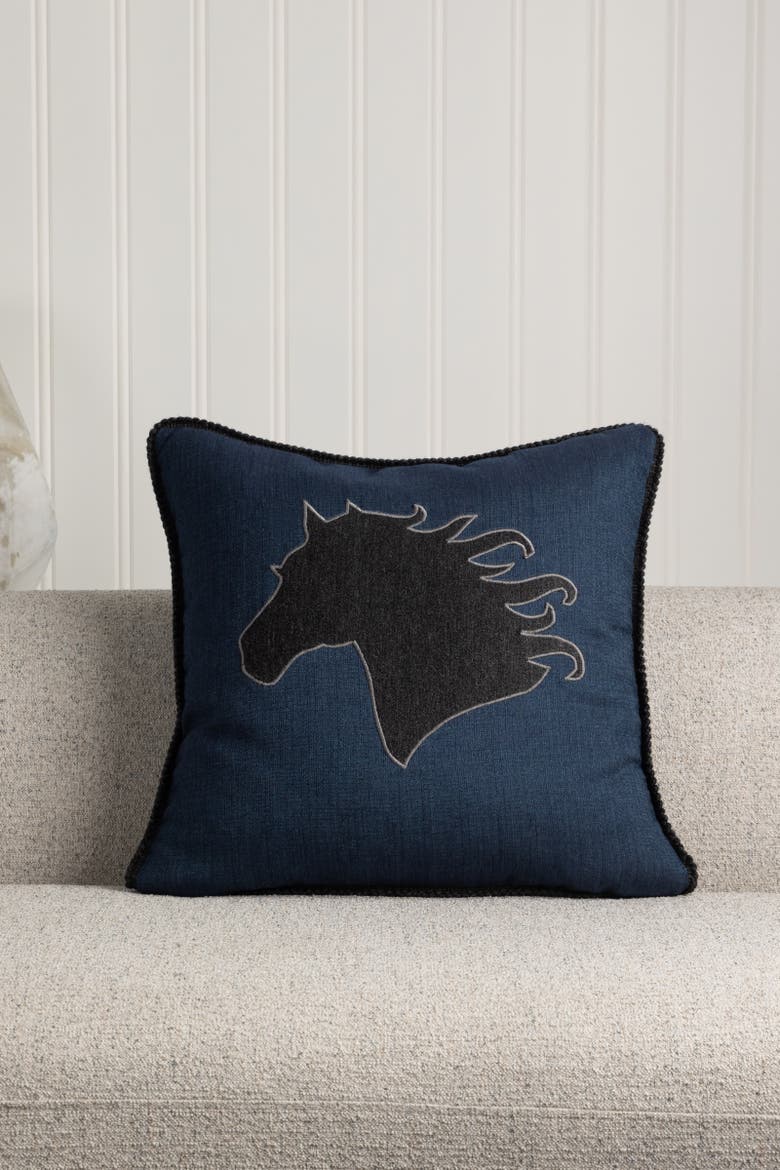 Black Beauty Handmade Velvet Embroidered Applique Indoor & Outdoor Accent Pillow, Alternate, color, Denim