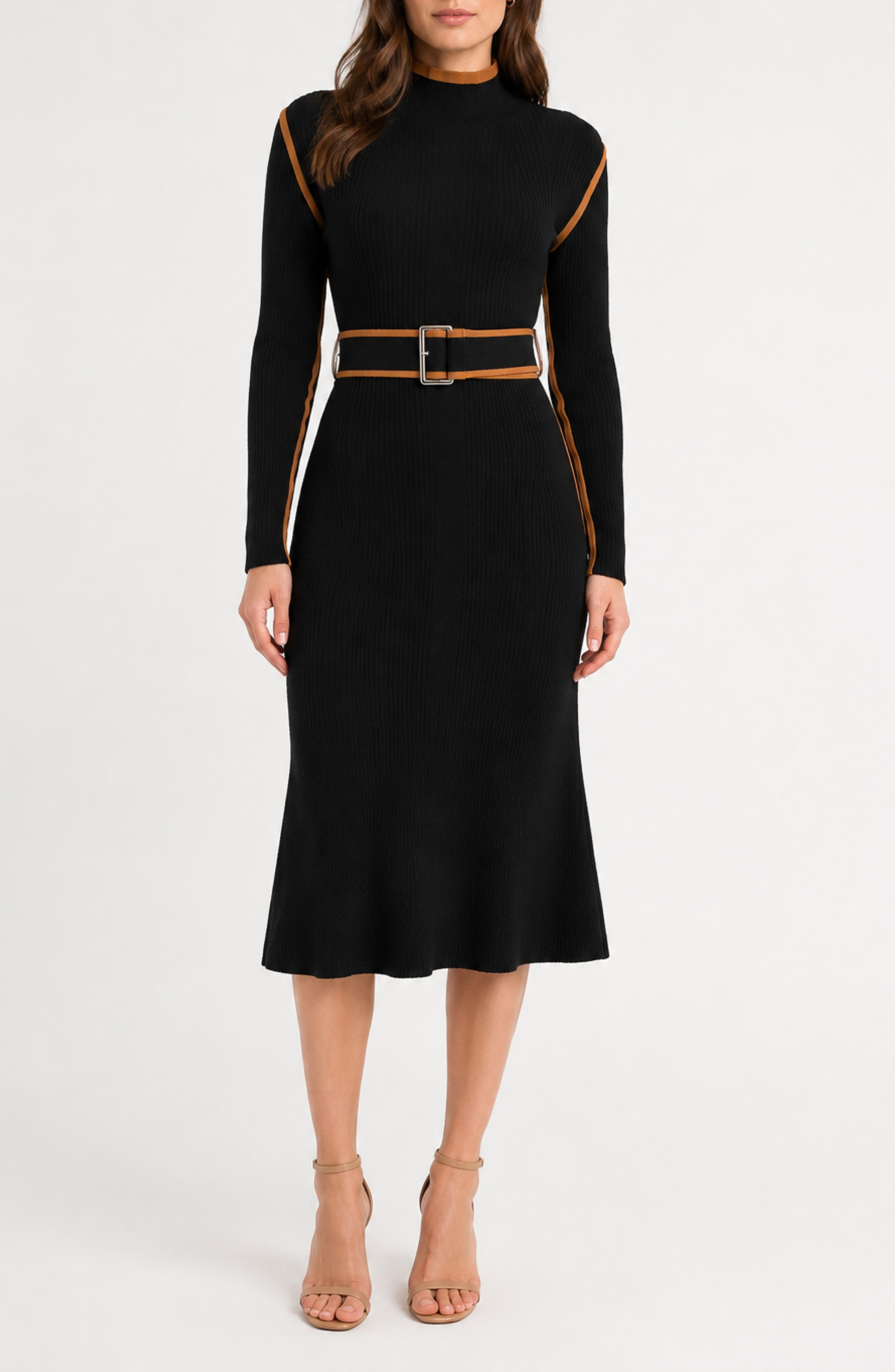 Tipped Belted Sweater Dress