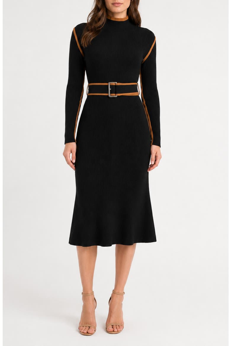 Tipped Belted Sweater Dress, Main, color, VERY BLACK / CAMEL