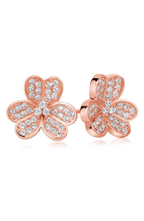 Sterling Silver CZ 3-Petal Flower Stud Earrings
