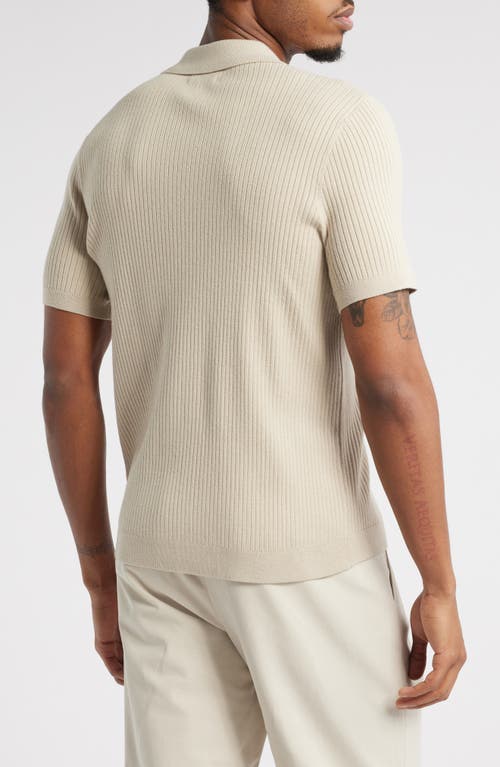 Open Edit Ribbed Short Sleeve Camp Collar Cardigan In Beige Birch