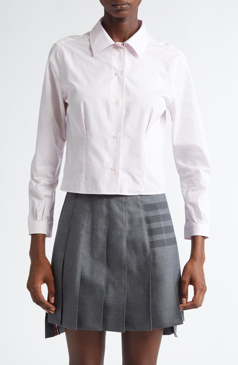 Thom Browne Stripe Crop Cotton Button-Up Shirt, Main, color, Light Pink