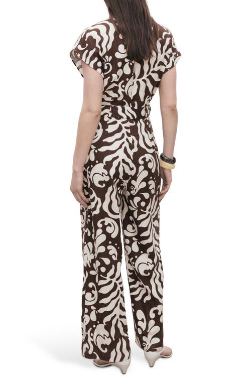Mango Print Wide Leg Linen Blend Jumpsuit In Brown