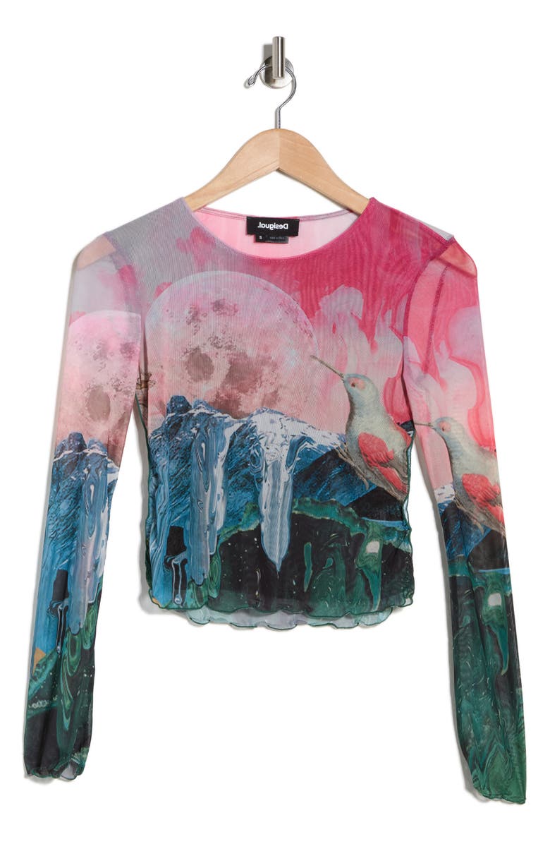 Desigual Print Mesh T-Shirt, Alternate, color, Fuchsia
