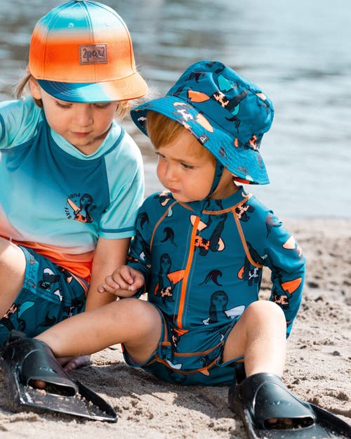 Deux Par Deux Baby Boy's Printed Long Sleeve One-piece Rashguard Orange Sloths On Navy Blue In Orange Sloths On Navy Blue