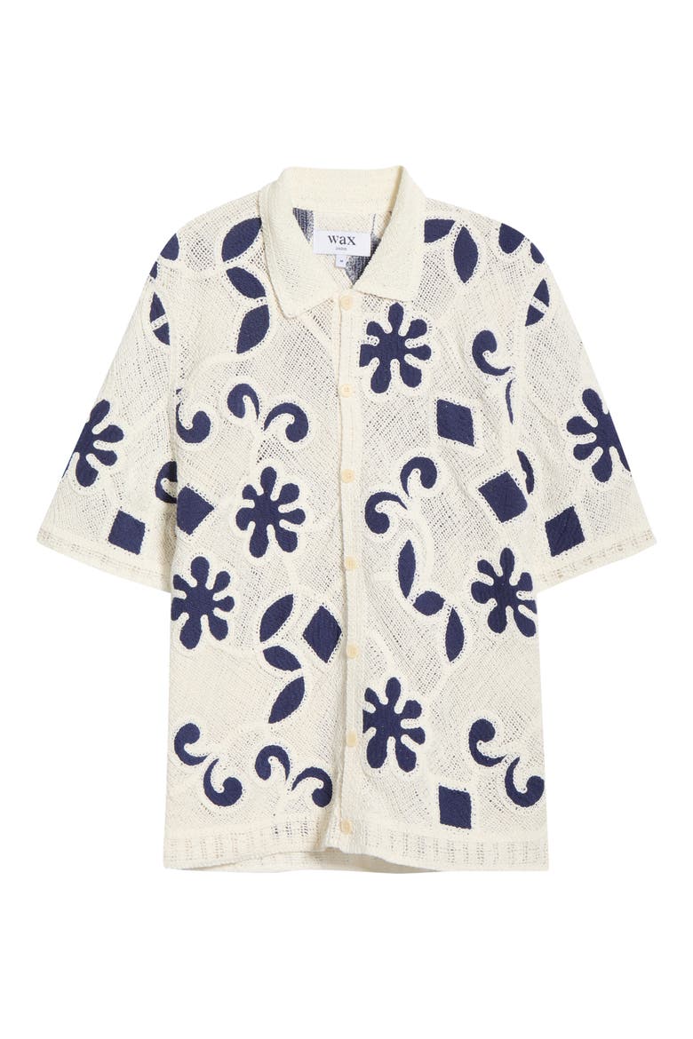 Porto Doodle Open Knit Short Sleeve Button-Up Shirt, Alternate, color, ECRU / DARK BLUE
