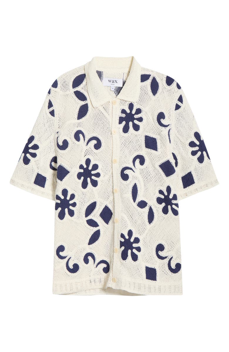Wax London Porto Doodle Open Knit Short Sleeve Button-Up Shirt, Main, color, Ecru / Dark Blue