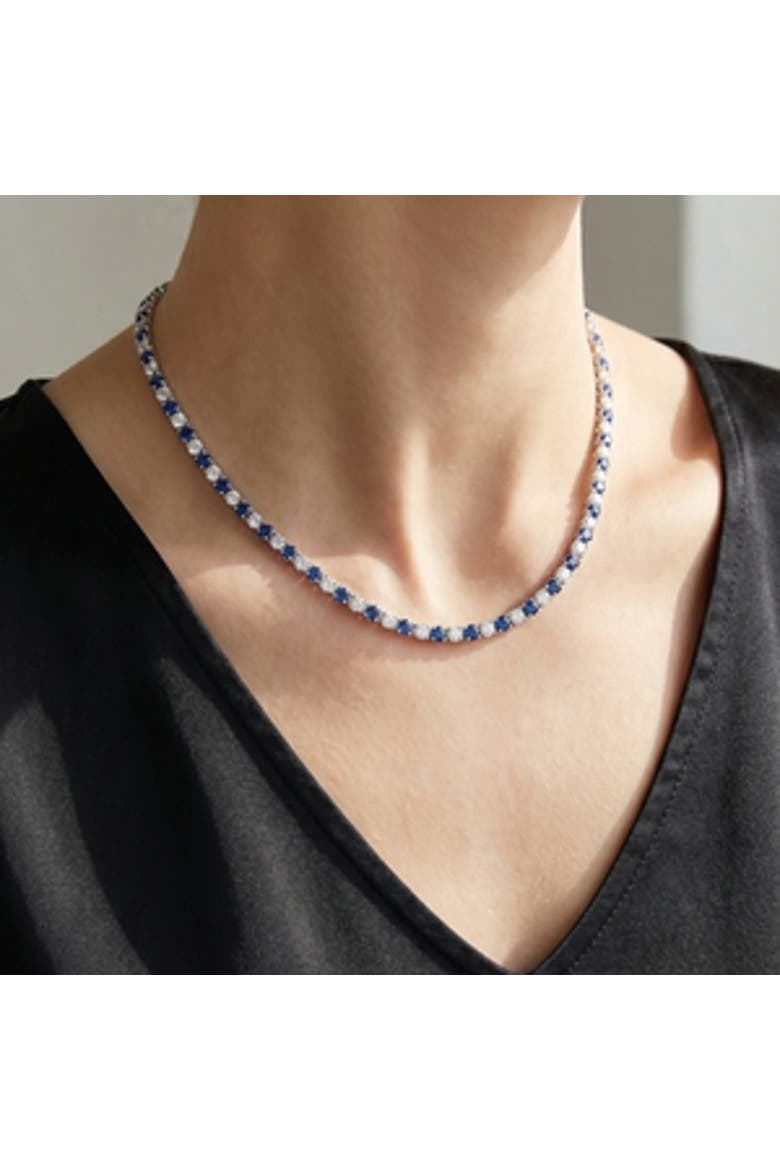 30Ct Blue Sapphire & Diamond Tennis Necklace 14k Gold 16.5" Lab Grown, Alternate, color, Yellow Gold