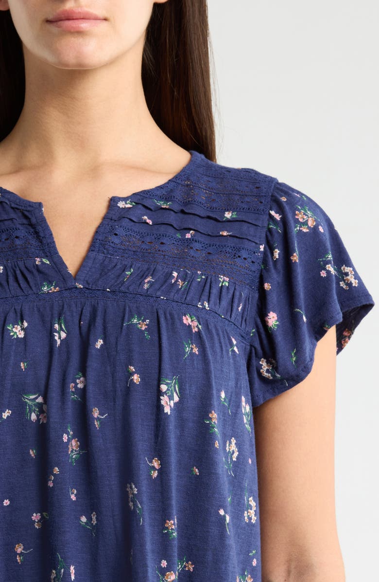 Lucky Brand Floral Flutter Sleeve Cotton Blend Top, Alternate, color, Navy Floral