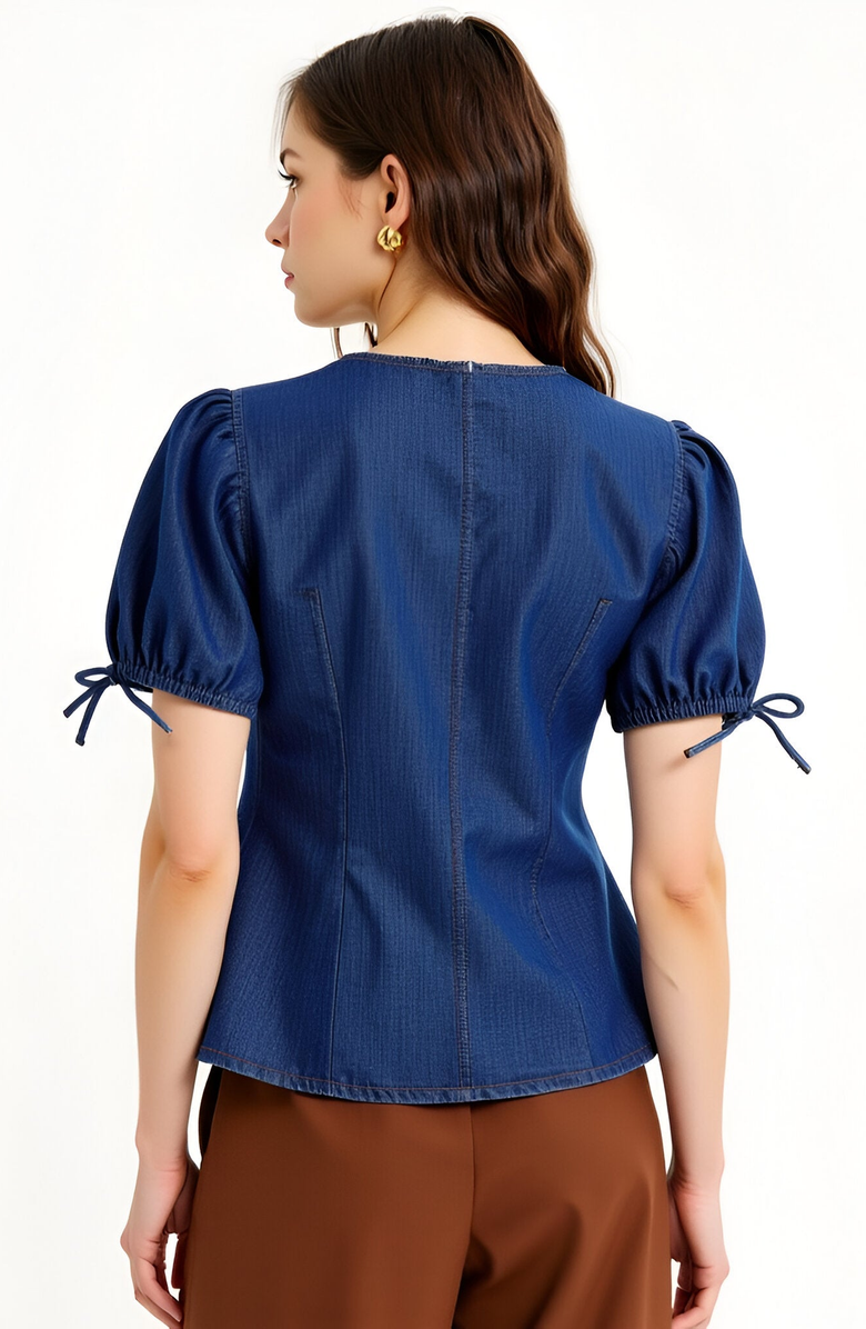 Modenaire Denim Puff Sleeve Top, Alternate, color, Blue