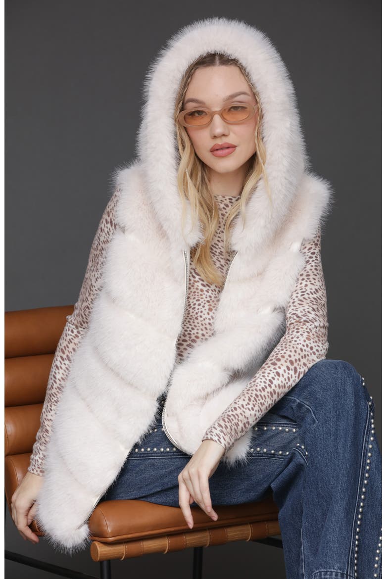 Faux Fur & Faux Leather Hooded Zip Vest, Alternate, color, PEARL
