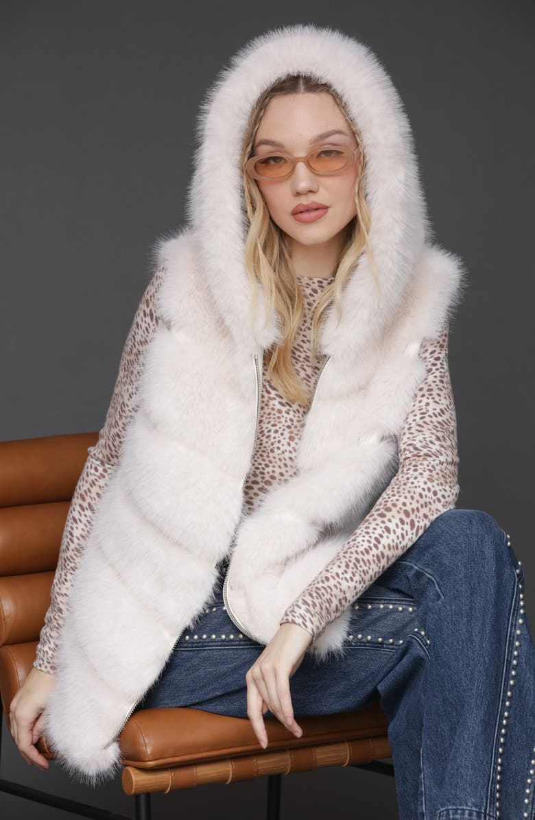Avec Les Filles Faux Fur & Faux Leather Hooded Zip Vest, Alternate, color, Pearl