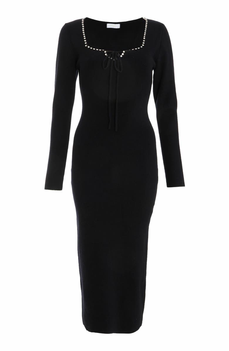 QUIZ Knit Diamante Trim Tie Neck Long Sleeve Sweater Dress, Alternate, color, 
