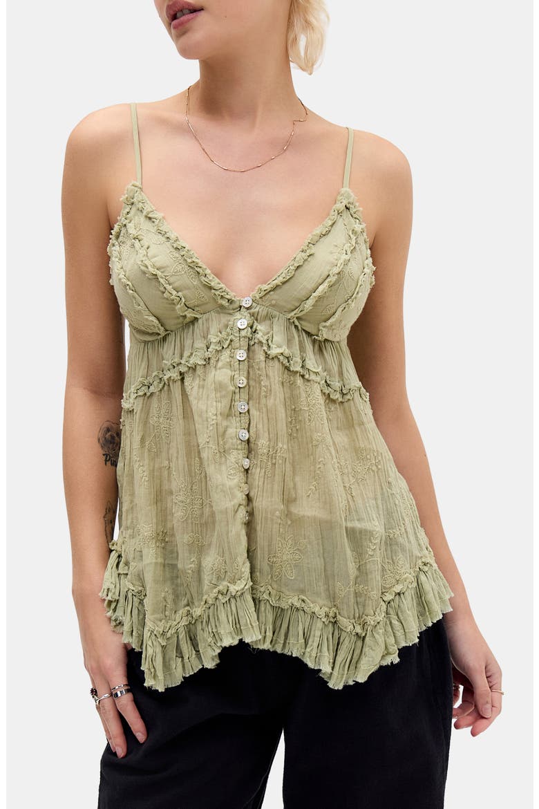 Clara Embroidered & Ruffle Trim Camisole, Main, color, KHAKI