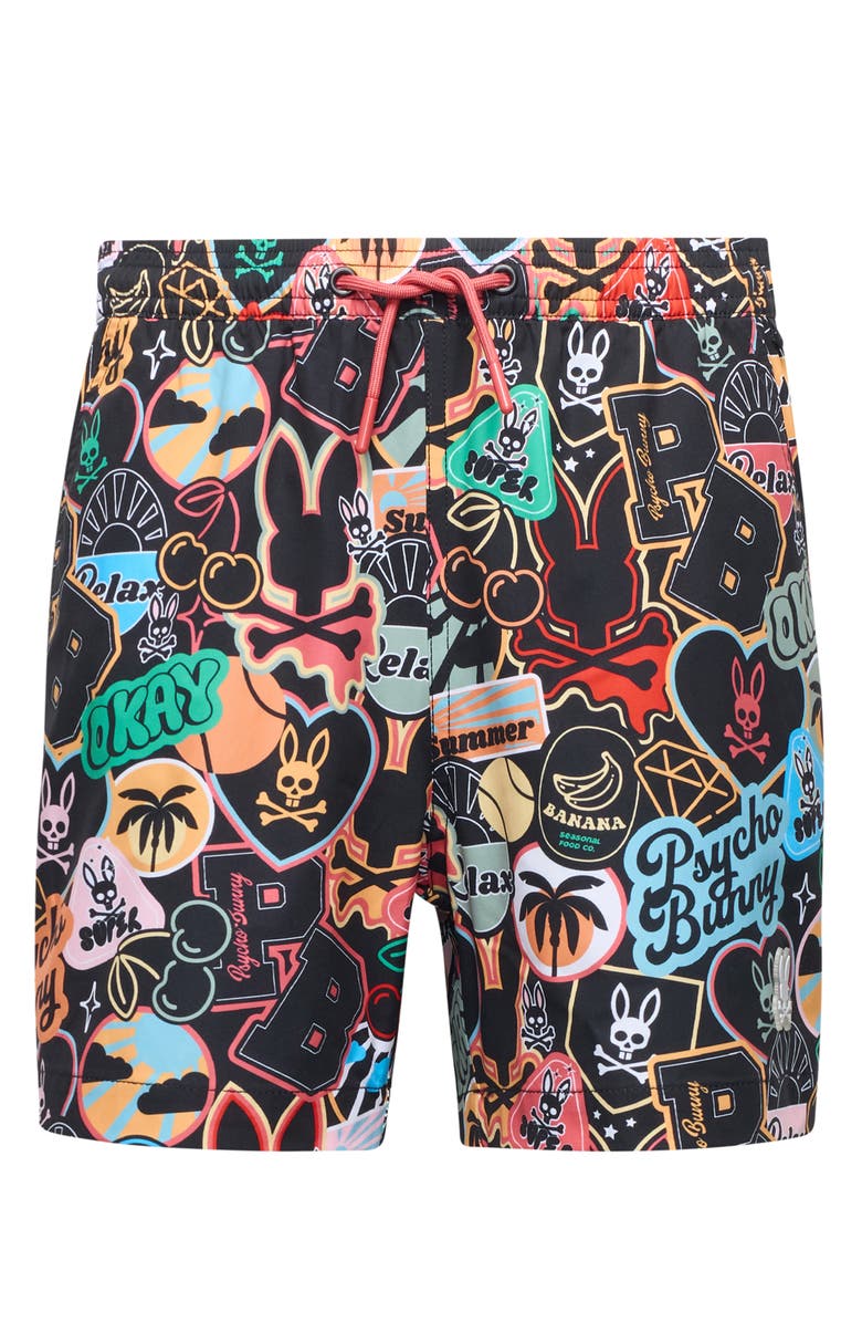 Psycho Bunny Kids' Marco Print Swim Trunks, Main, color, Black
