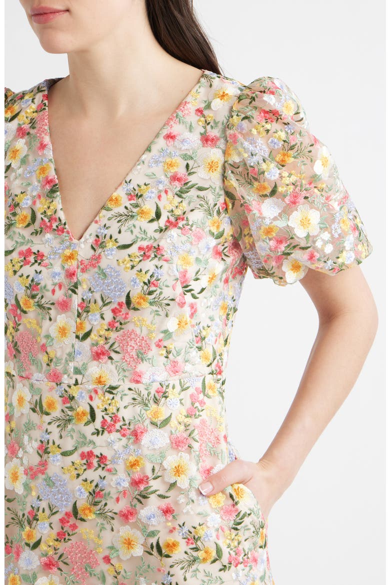 Embroidered Puff Sleeve Cocktail Dress, Alternate, color, MULTI FLORAL IVORY