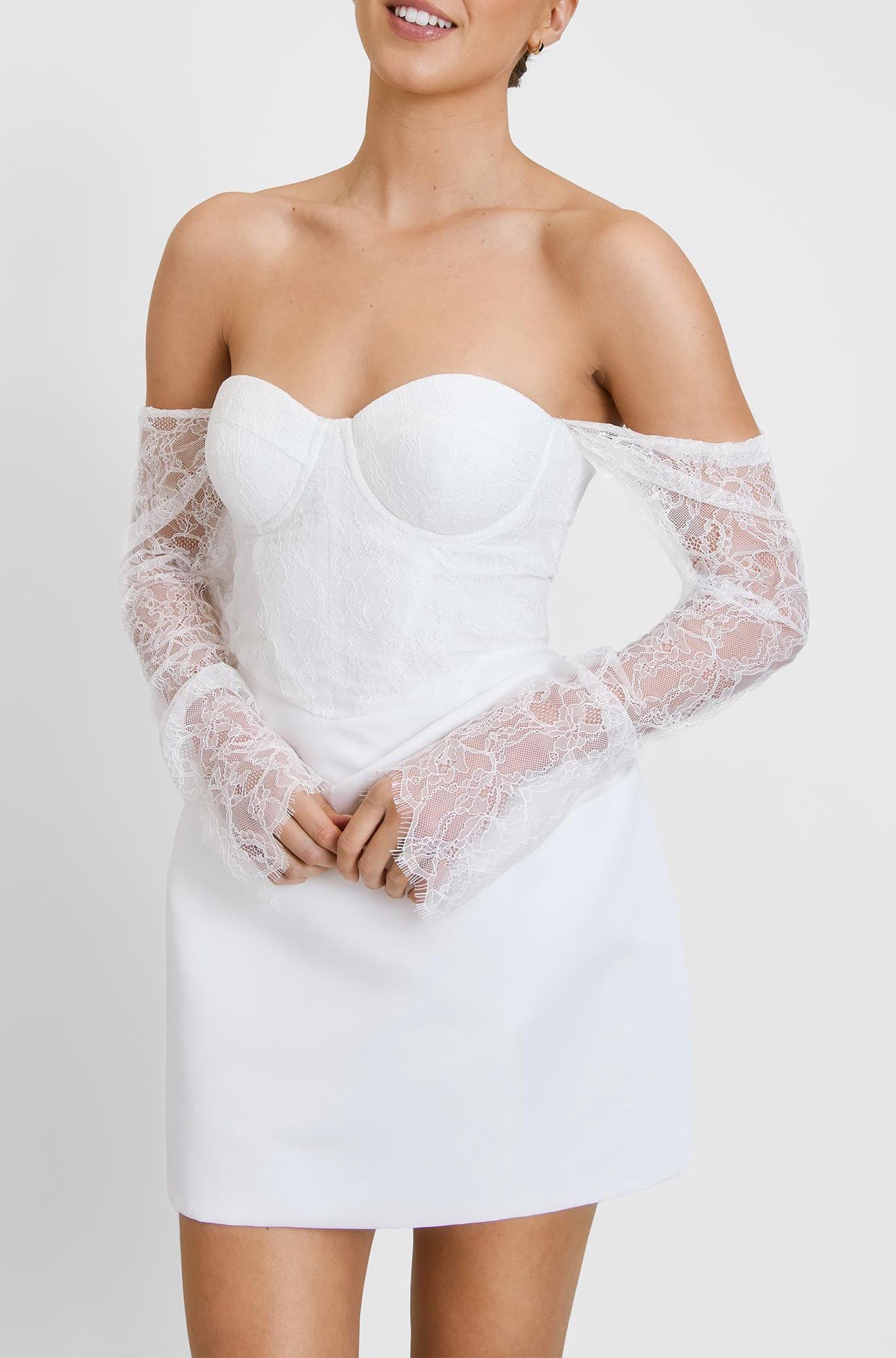 lace bardot mini dress in sea foam Lace Bardot Mini Dress in Sea Foam