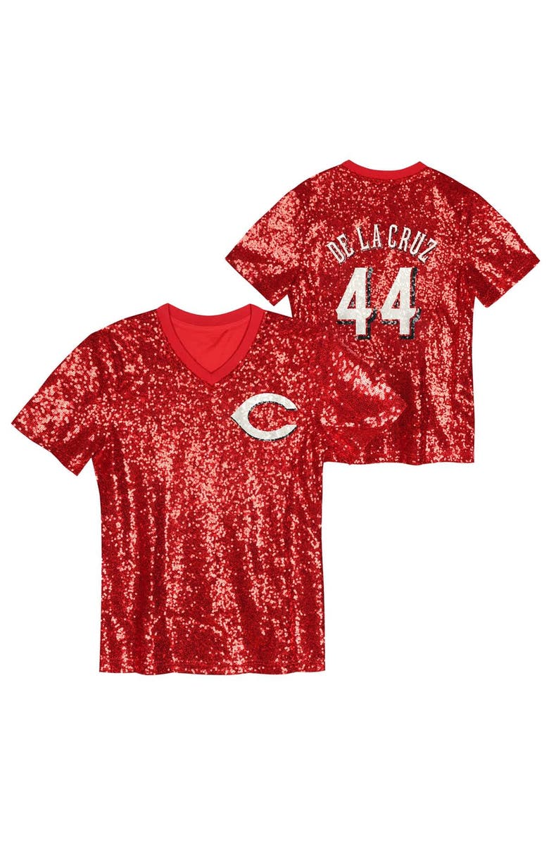 Outerstuff Juniors Elly De La Cruz Red Cincinnati Reds Name & Number Sequin V-Neck Top, Main, color, Red