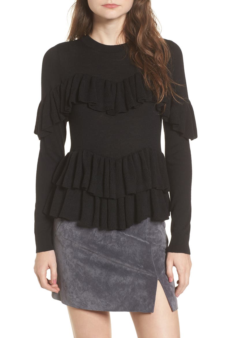 Double Ruffle Sweater, Main, color, BLACK
