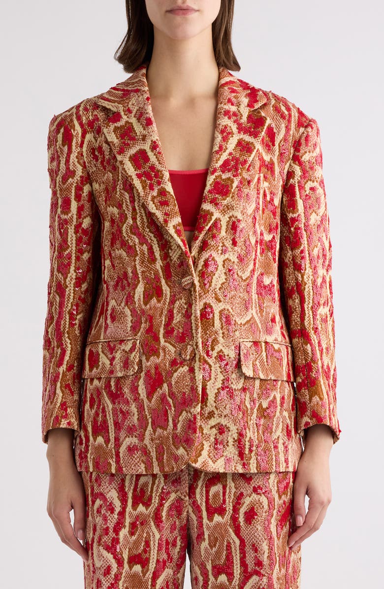 Dries Van Noten Birdy Snakeskin Print Sequin Single Breasted Blazer, Main, color, Brique