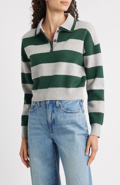 Rugby Stripe Double Collar Long Sleeve Polo