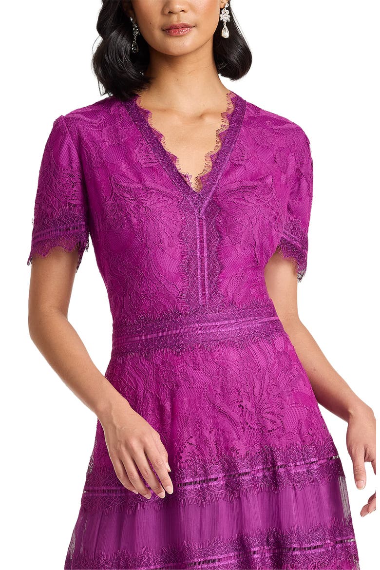 Lace & Mesh Midi Cocktail Dress, Alternate, color, MAGENTA