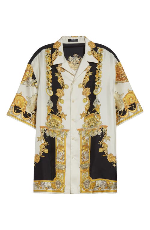 Versace Coral Teater White Bowling Shirt With Cuban Collar And All-over Print In Silk Man In Black