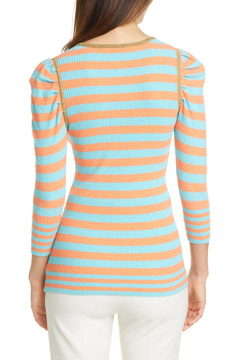 Stripe Rib Puff Sleeve Cotton Blend Sweater, Alternate, color, TANGERINE STRIPE W GOLD