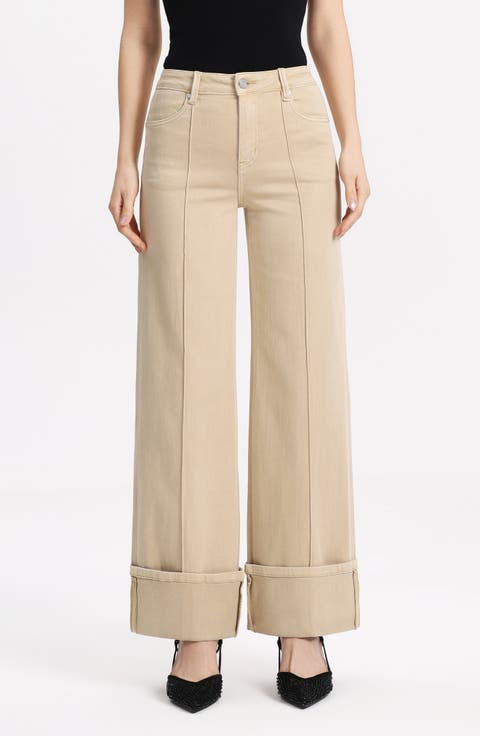 Seamed Mid Rise Wide Leg Jeans (Light Khaki)