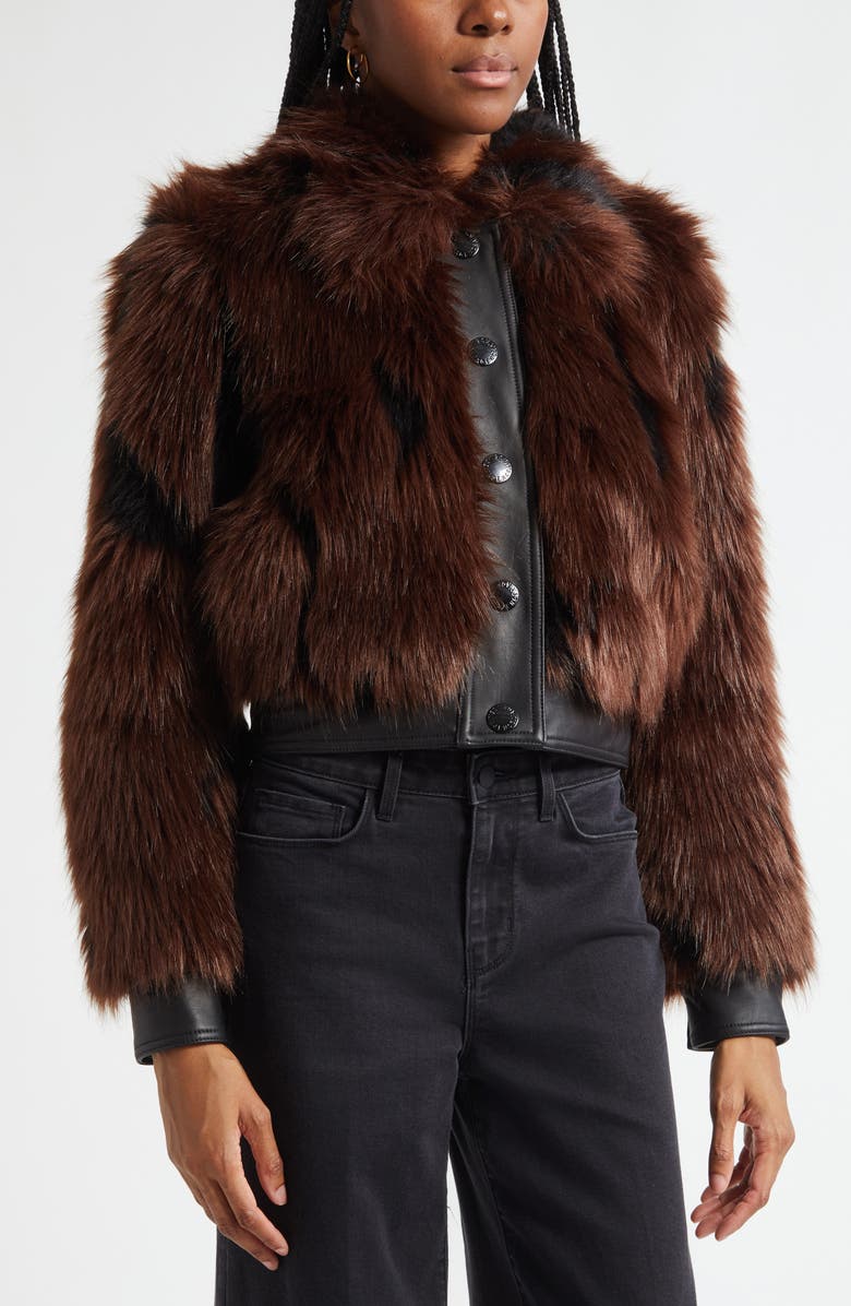 L'AGENCE Claira Faux Leather Trim Faux Fur Jacket, Alternate, color, Coffee Bean