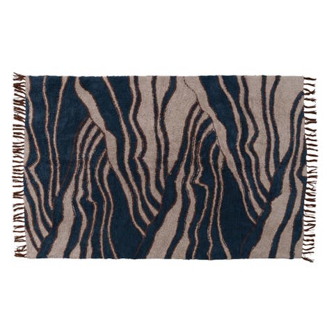 Cotton Tufted Rug With Wave Design And Fringe, Beige And Navy