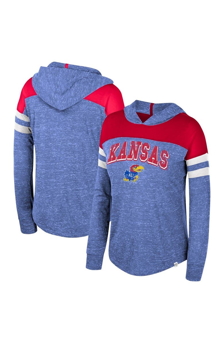 COLOSSEUM Women's Colosseum Royal Kansas Jayhawks Speckled Color Block Long Sleeve Hooded T-Shirt, Alternate, color,
