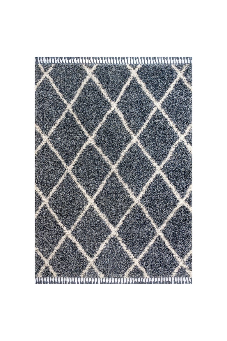 Mercer Shag Plush Tassel Moroccan Geometric Trellis Denim Area Rug, Main, color, Denim Blue/Cream