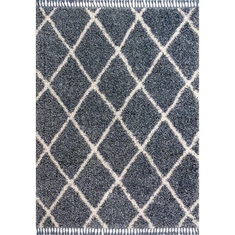 Mercer Shag Plush Tassel Moroccan Geometric Trellis Denim Area Rug