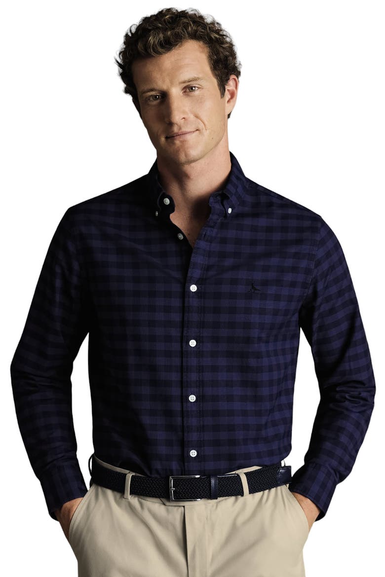 Slim Fit Button-Down Collar Washed Oxford Gingham Shirt, Main, color, Ink Blue