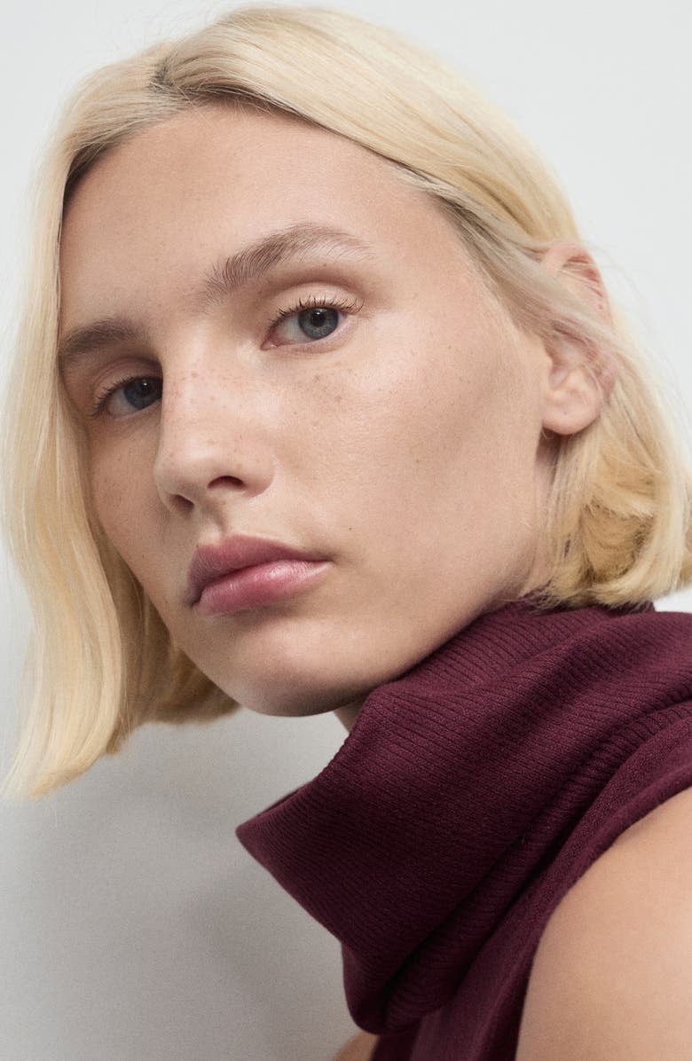 MANGO Funnel Neck Mixed Media Midi Dress, Alternate, color, Burgundy