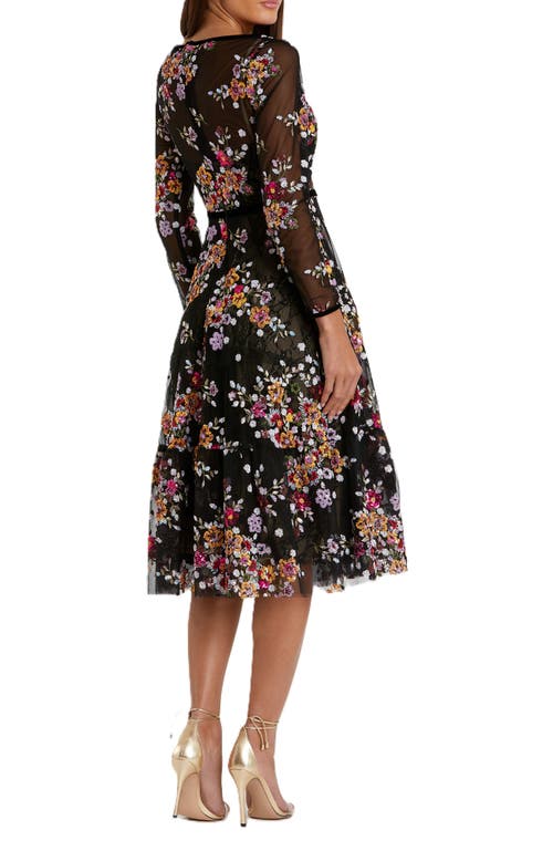 Mac Duggal Sequined Floral Lace Long-sleeve Illusion Dress In Black Multi