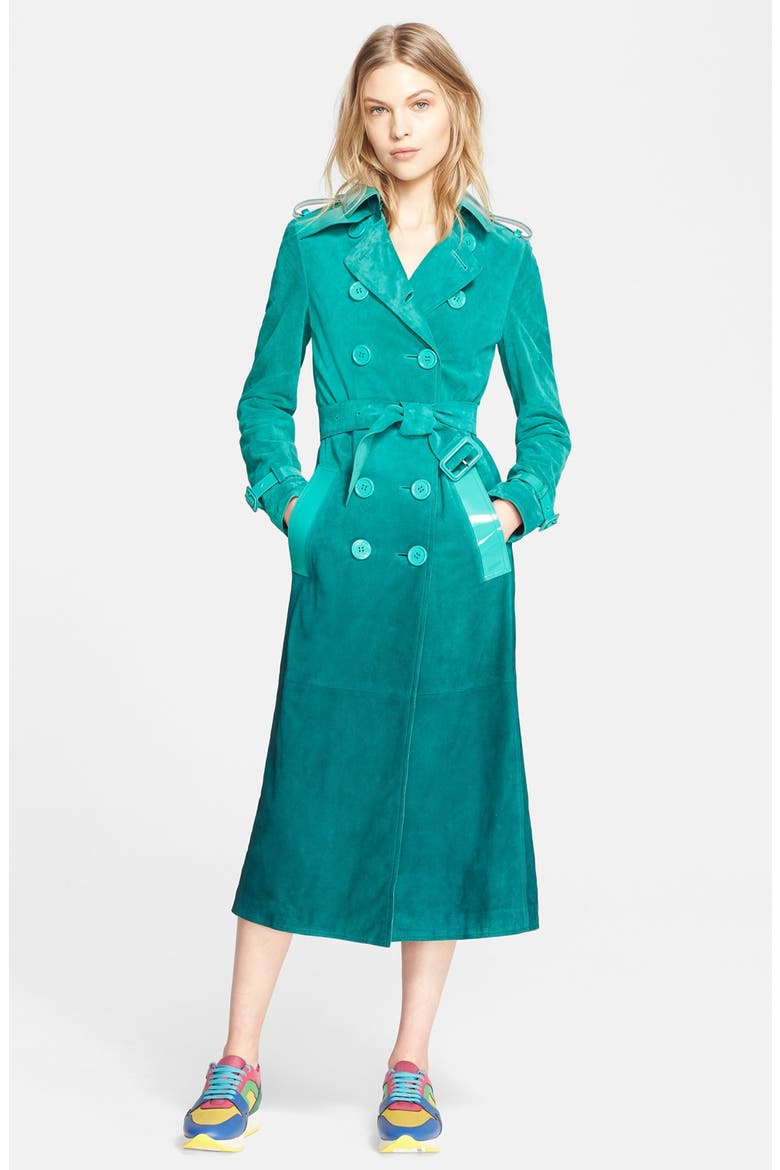 Double Breasted Suede Trench Coat, Main, color, BRIGHT TEAL