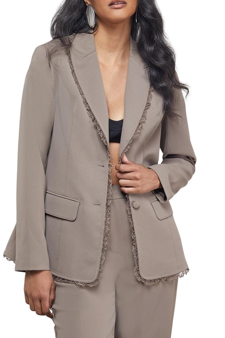 Oversized Lace Frill Trim Blazer, Alternate, color, Mocha
