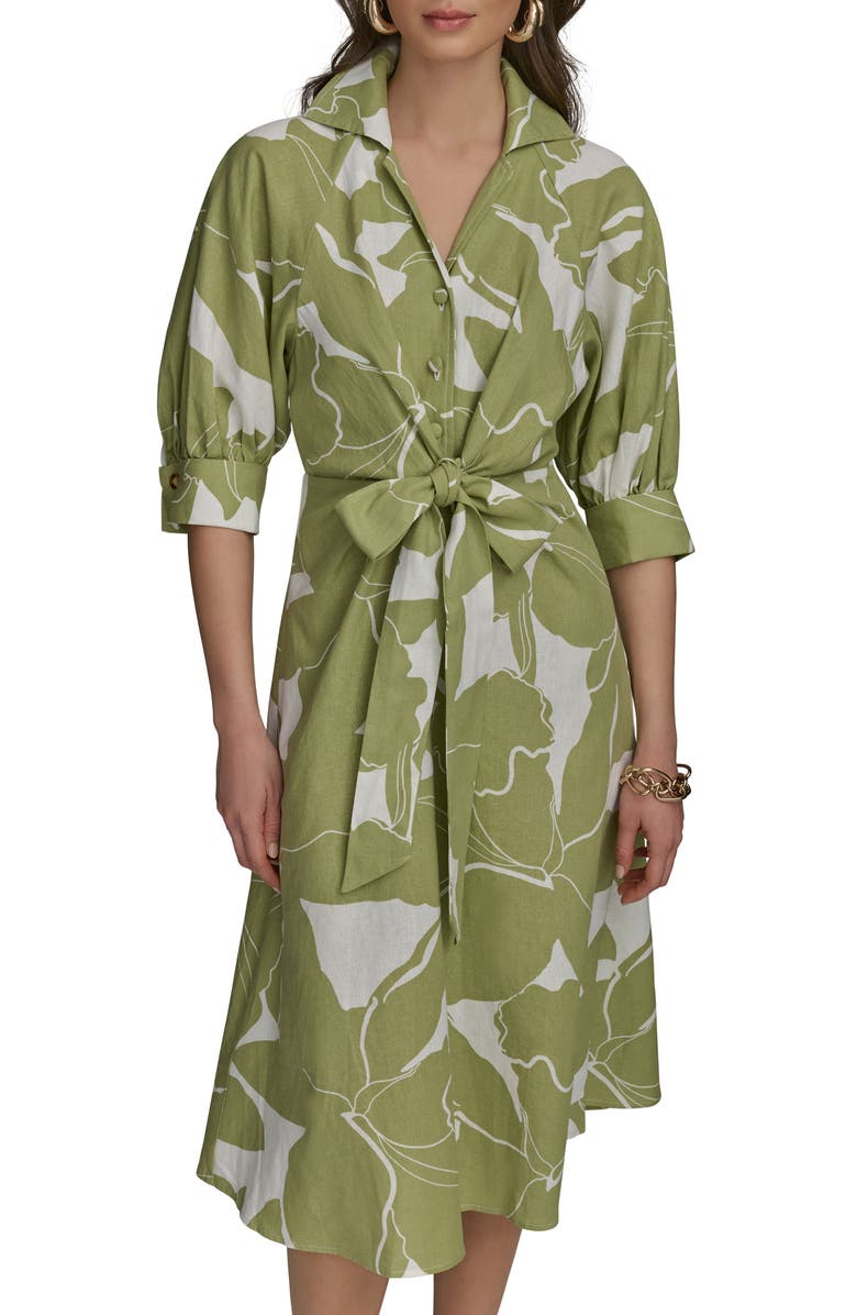 Donna Karan New York Print Tie Waist Linen Blend Midi Shirtdress, Alternate, color, Kiwi/ Cream