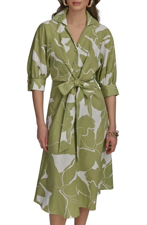 Donna Karan New York Print Tie Waist Linen Blend Midi Shirtdress In Green