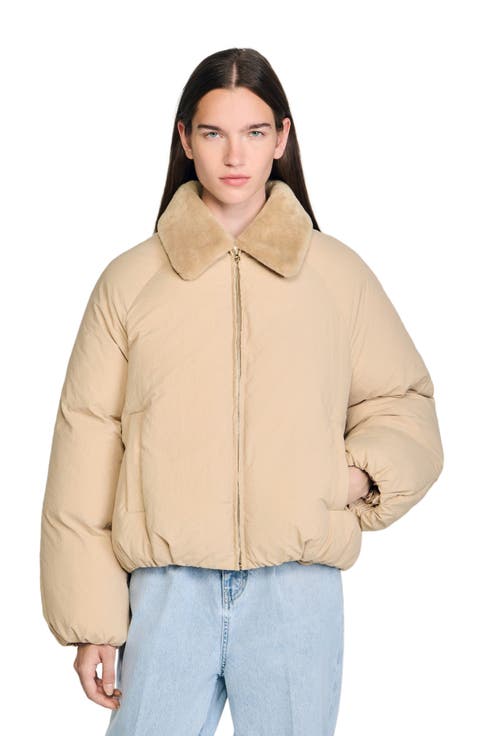 Puffer jacket with faux shearling collar