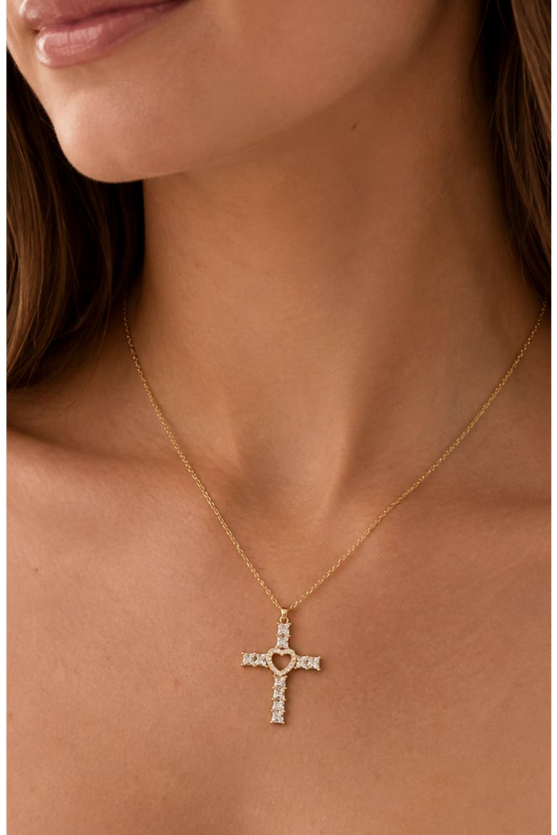 Crystal Cross Heart Pendant Necklace, Alternate, color, GOLD