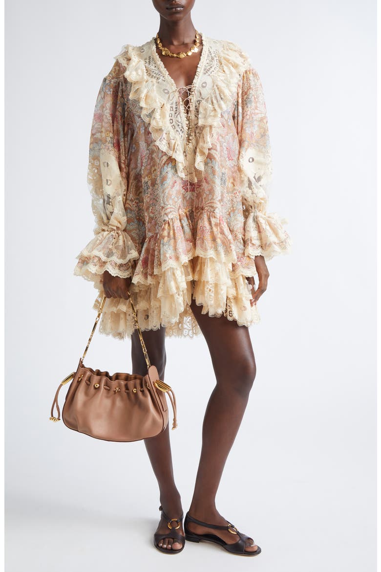 Rebellion Linen & Silk Lace-Up Minidress, Main, color, TAN FLORAL