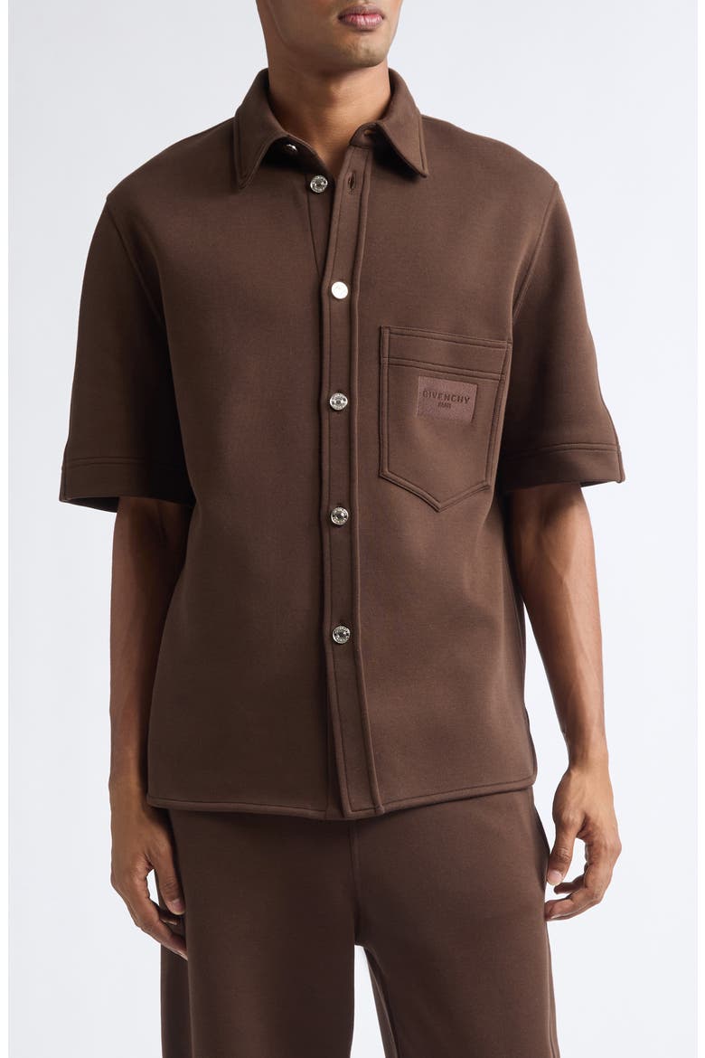 Short Sleeve Cotton Blend Scuba Knit Button-Up Shirt, Main, color, BROWN